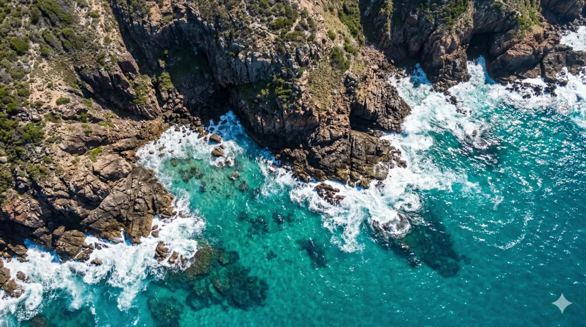 Aerial view of rocky coastline and turquoise ocean